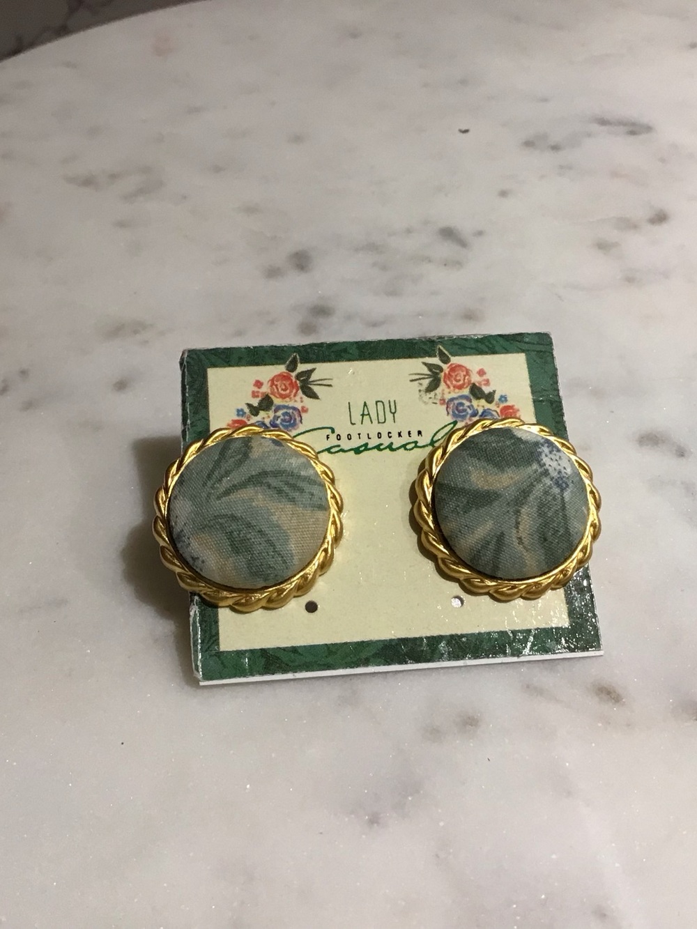 Vintage earrings Two pair Fabric Button Earrings with Gold Trim